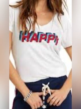 Sol Angeles Happy Graphic V Neck T Shirt 100% Cotton Relaxed Fit Cropped Size XL